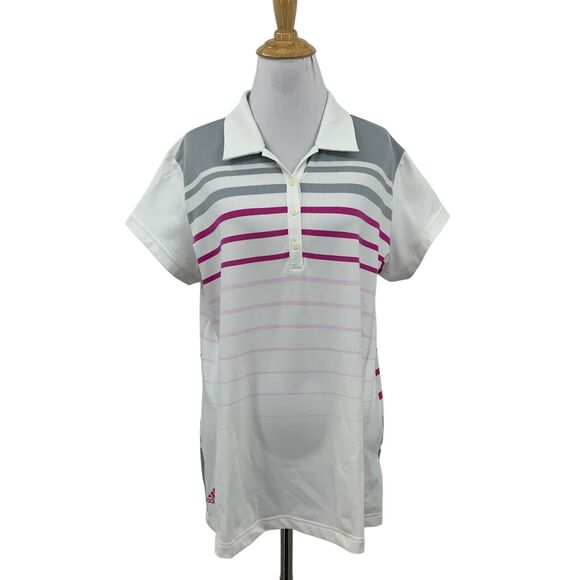 Adidas Polo Shirt Womens XL Extra Large White Pink Climalite Striped Golf - Picture 1 of 12